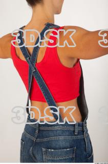 Upper body modeling pose blue jeans red singlet of Rebecca…